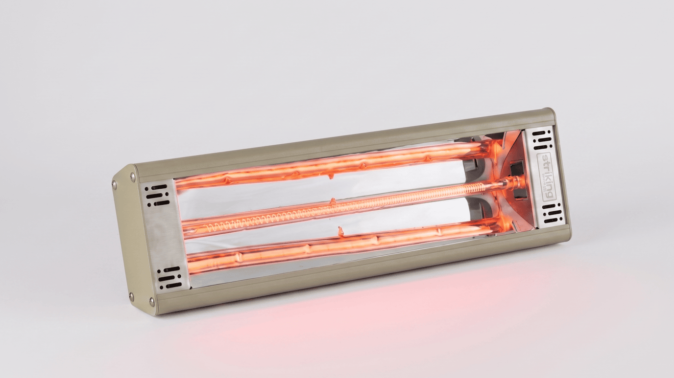 Striking Energy G5 Gold powerful infrared heater with an open grille, ideal for patios and restaurants.