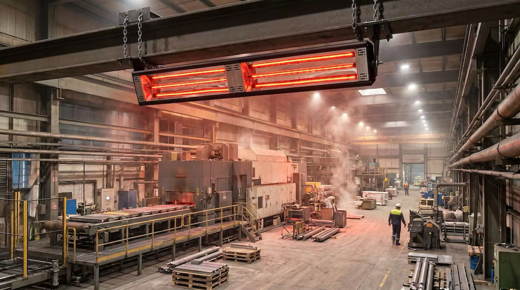 Heavy-duty industrial infrared heating units suspended from the ceiling in a large manufacturing warehouse.