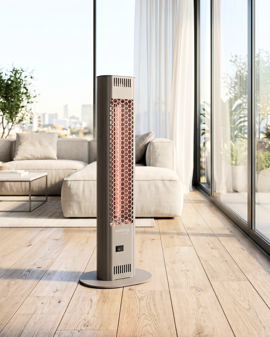 A sleek, solar-friendly Striking Energy freestanding infrared heater glowing warmly in a bright, modern living room with large windows.