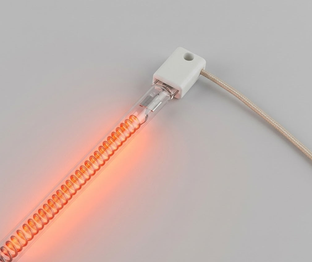 Close-up of a glowing orange tubular replacement infrared heating element with a ceramic end cap and wire lead.
